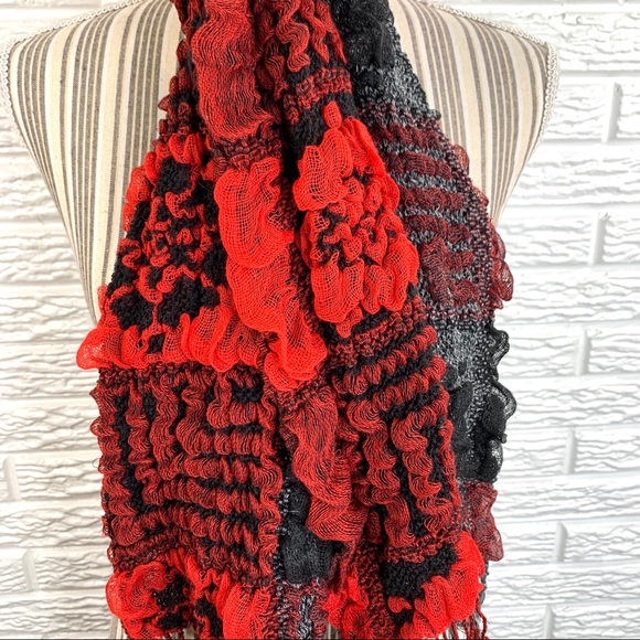 5/$25 Ruffled Patchwork Floral Scarf Black Red - Picture 3 of 7